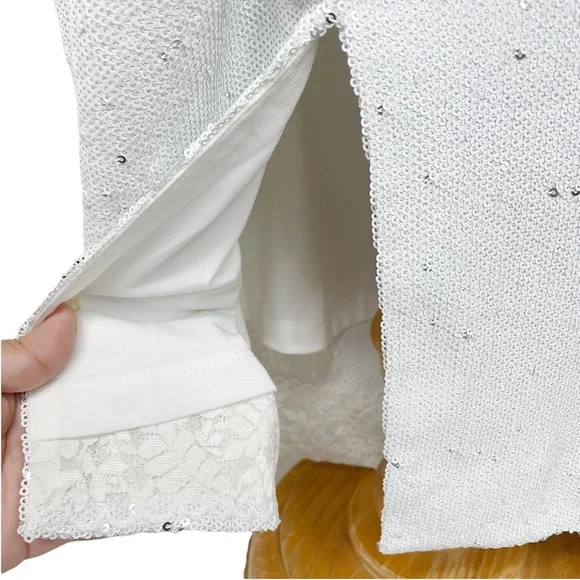 Dress The Population NWT Emilia Long Sleeve Ruched Dress in White Sequins Size M - Picture 12 of 17